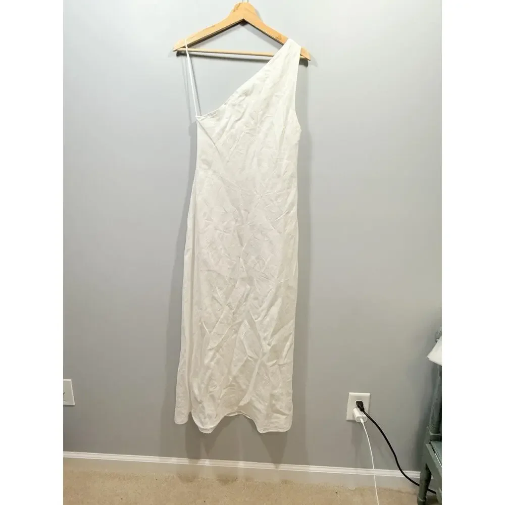 Zara White 100% Linen One Shoulder Minimalistic Maxi Dress Women’s Regular M